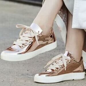 Stuart Weitzman Rose Gold Patent Leather Gaming Sneakers Size 8.5